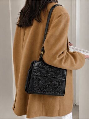 Classic Embossed Leather Shoulder Bag in Black